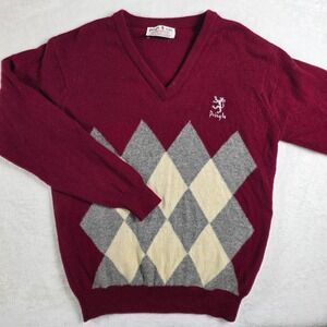 Pringle Sports V-Neck Sweater Mens 42 Burgundy Argyle Vintage Good Pinhole